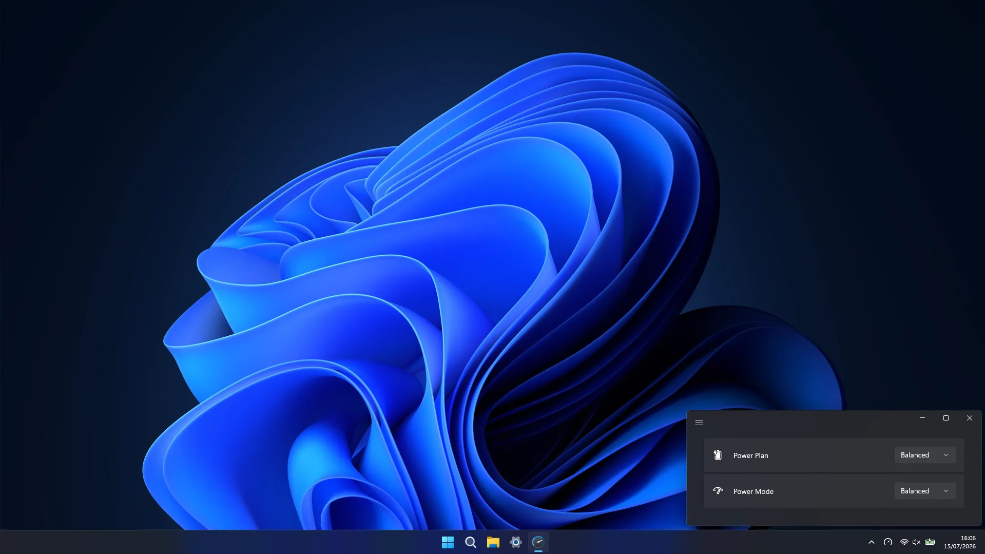 Windows 11 desktop with the Power Switcher window open in the lower-right corner, showing Power Plan and Power Mode both set to Balanced.