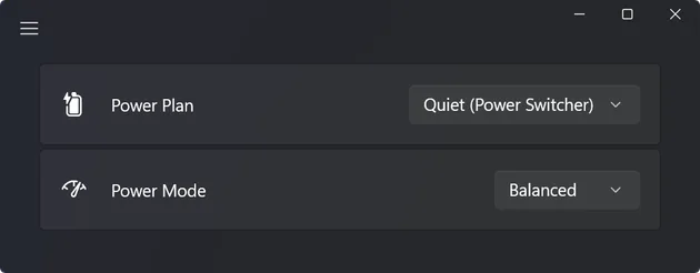 Close-up of the Power Switcher window: two rows, Power Plan and Power Mode, each with a Balanced dropdown.