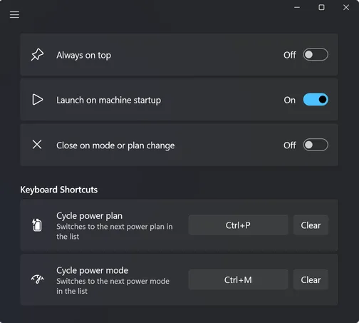 The settings screen: toggles for always on top, launch on startup and close on change, plus Ctrl+P and Ctrl+M keyboard shortcuts.